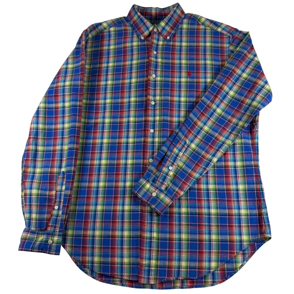 Ralph Lauren Mens L Classic Fit Cotton Linen Plaid Button Down Shirt Multi Color